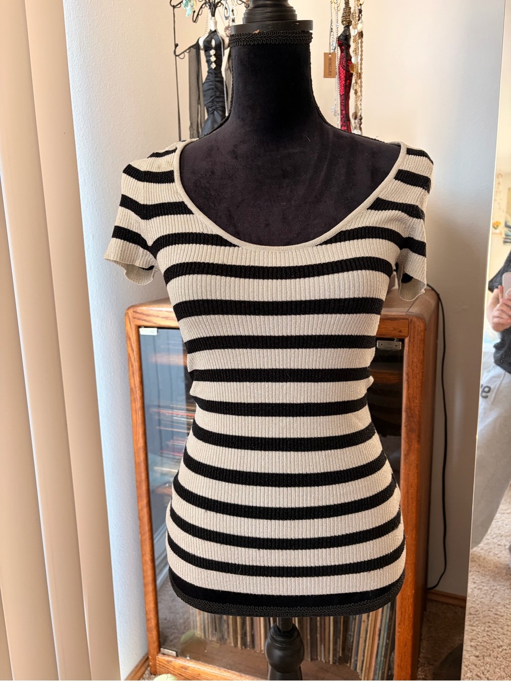Cache Black and White Striped Scoop Neck Short Sleeve Tee